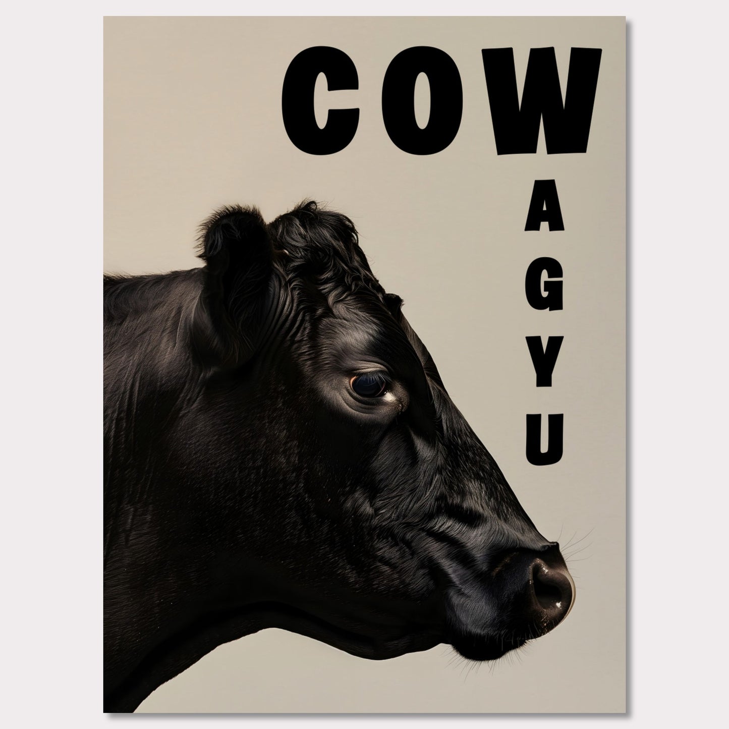 This image features a close-up profile of a black cow against a neutral background. The word "COW" is prominently displayed in bold black letters at the top, while the word "WAGYU" is arranged vertically on the right side.