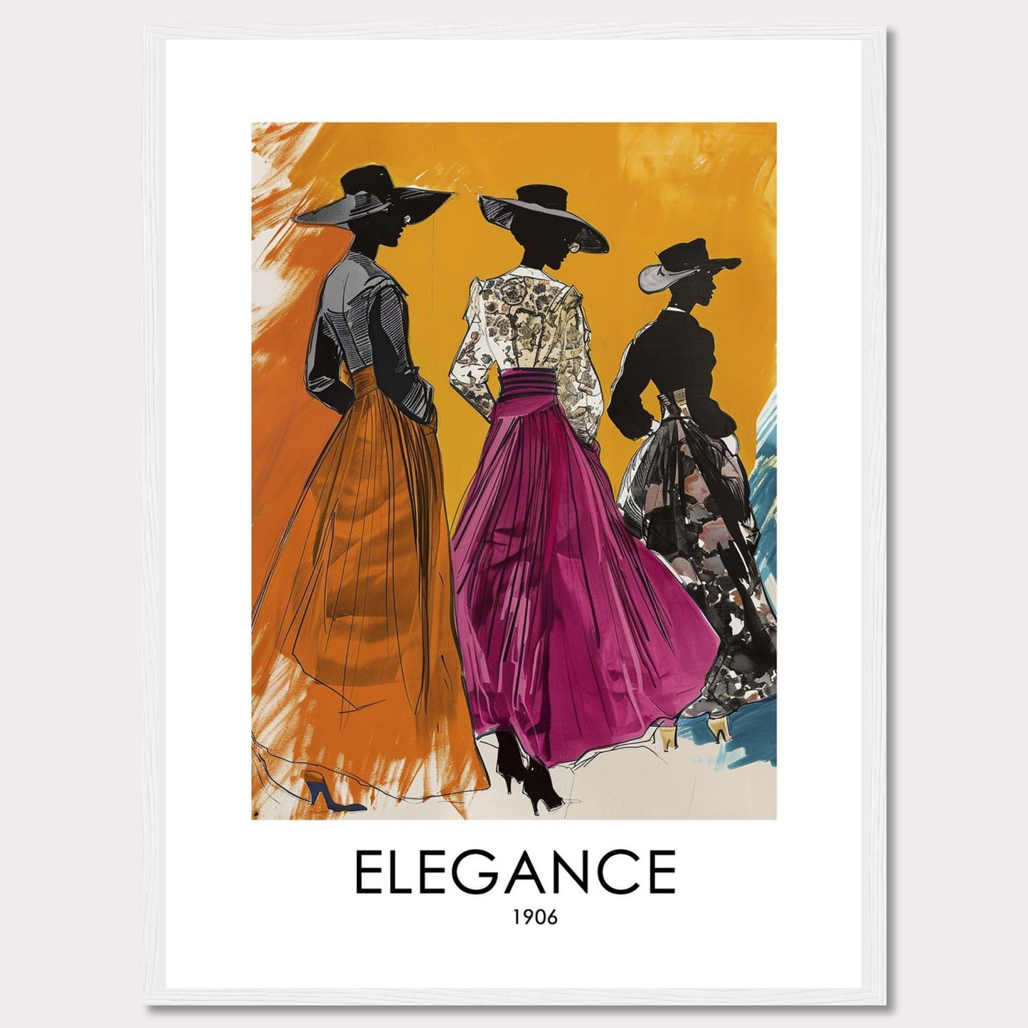 Three stylish women in elegant dresses and wide-brimmed hats stand gracefully against a vibrant orange background. The artwork exudes sophistication and timeless fashion from the early 1900s.