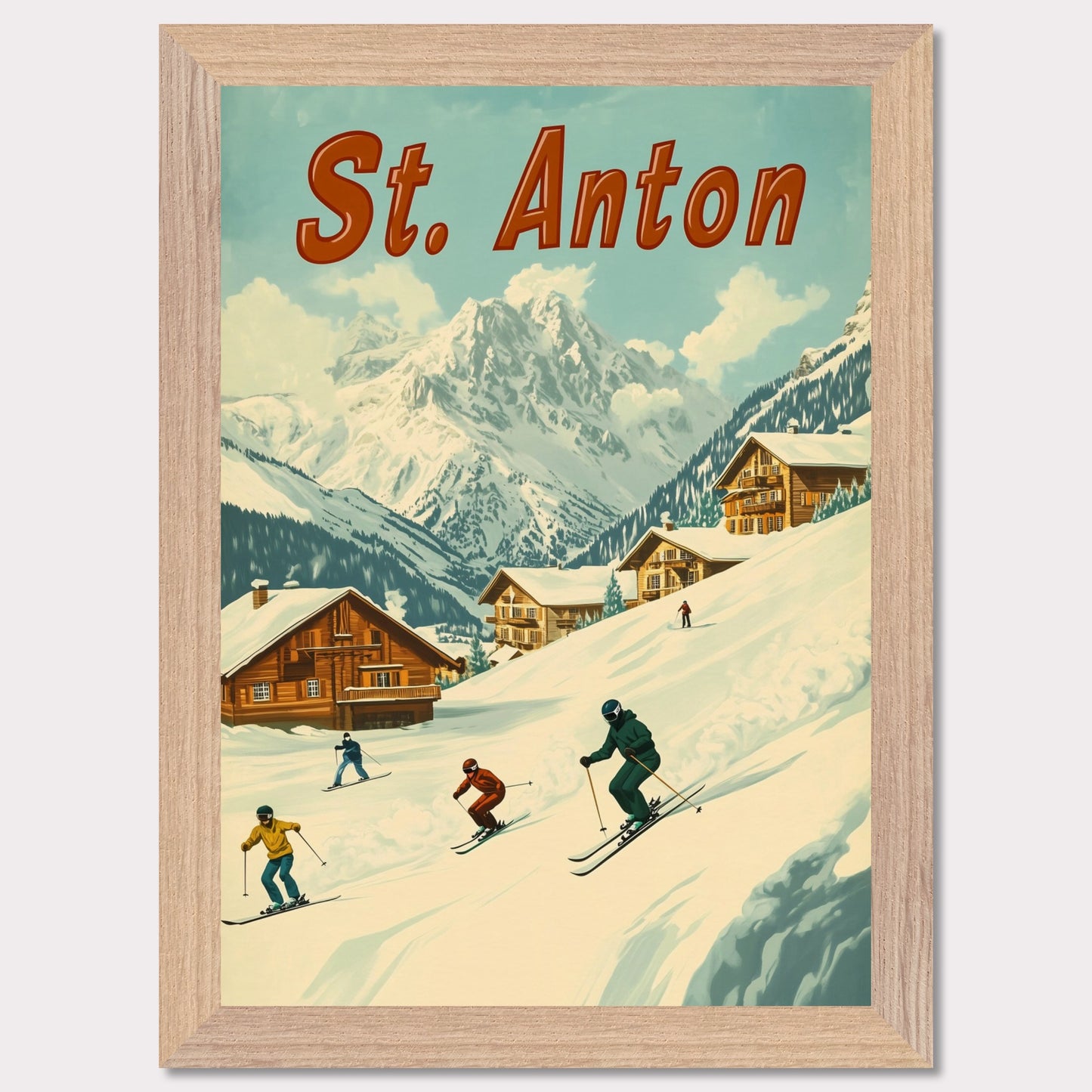 This vibrant retro-style poster captures the thrilling energy of skiing in St. Anton. The scene depicts skiers carving down the slopes, with picturesque alpine chalets nestled in the snow-covered hills and the majestic mountains towering in the background. The warm tones of the sky and the clean, crisp snow evoke the exhilarating experience of a winter sports haven. The bold retro typography adds a touch of nostalgia, perfectly highlighting the charm and adventure of St. Anton.