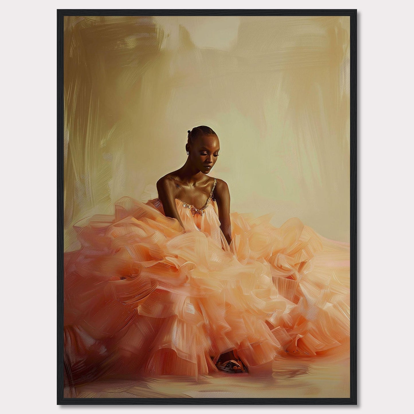 This captivating image features a serene woman in an elegant, voluminous peach gown. The soft, flowing fabric of the dress creates a dreamy and ethereal atmosphere. The background is a subtle blend of warm tones, enhancing the tranquil mood of the scene. The woman's poised and contemplative expression adds depth to the composition.