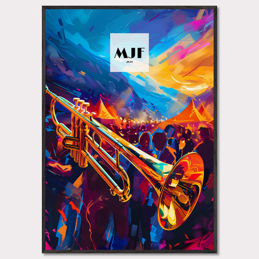 This vibrant poster captures the essence of a lively jazz festival. A gleaming trumpet takes center stage, set against a backdrop of colorful tents and an enthusiastic crowd. The sky is painted with dynamic strokes of blue and orange, adding to the energetic atmosphere.