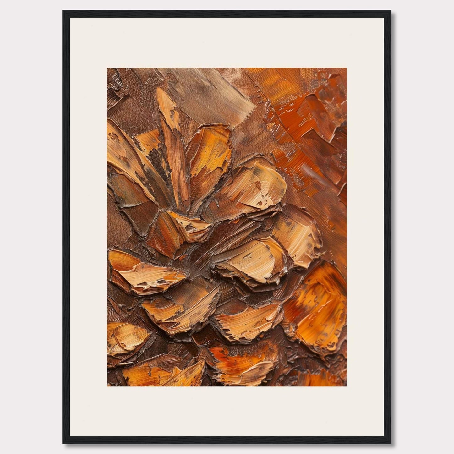 This image showcases a textured painting of a pine cone, rendered in rich, earthy tones. The thick, impasto technique gives the artwork a three-dimensional feel, making the pine cone appear almost lifelike. The painting is framed in a sleek black frame with a white matting that enhances its visual appeal.