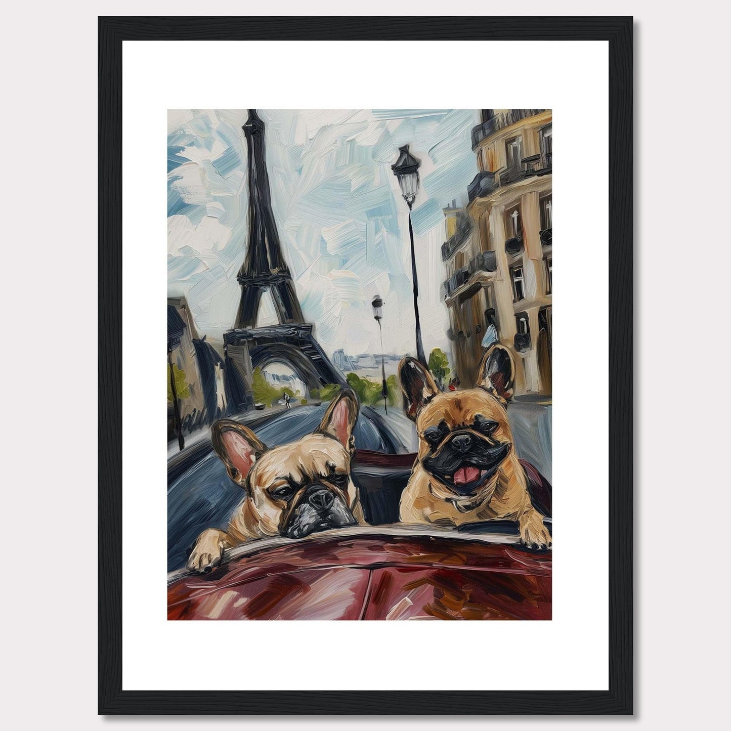 This vibrant painting captures two adorable French Bulldogs enjoying a ride in a car with the iconic Eiffel Tower in the background. The artwork beautifully blends elements of Parisian architecture, street lamps, and the joyful expressions of the dogs.