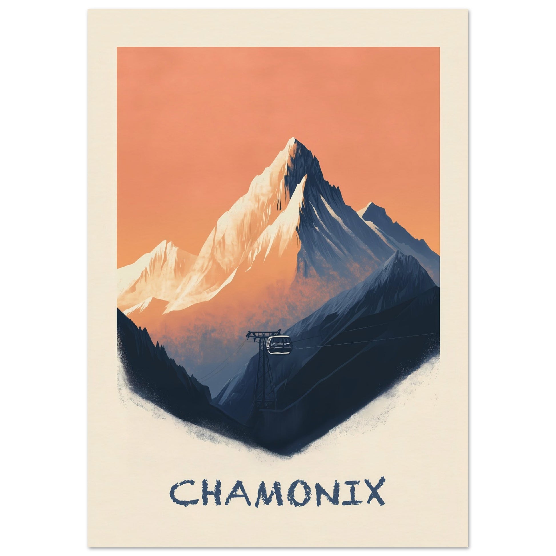 This breathtaking poster captures the rugged majesty of Chamonix, with the towering snow-capped peaks set against a warm, pastel sky. A cable car ascends through the mist, symbolizing adventure, exploration, and the timeless allure of the Alps.