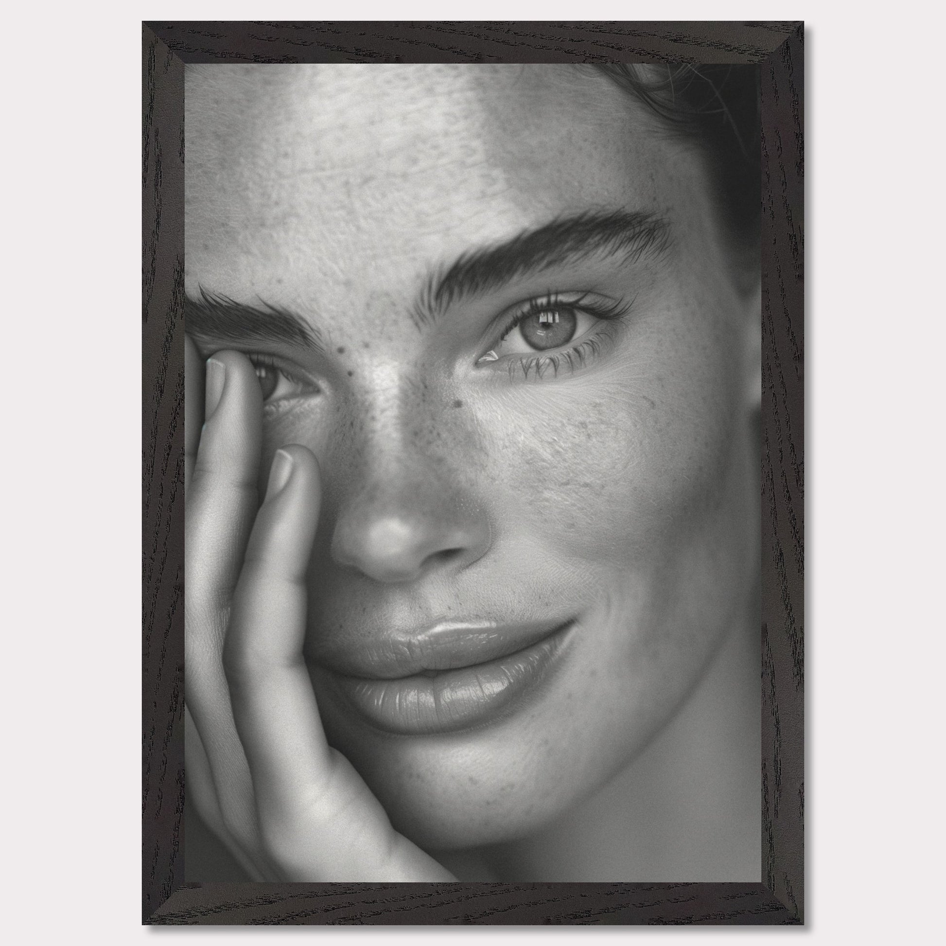 This striking black and white portrait captures the serene expression of a person with captivating eyes and natural freckles. The close-up shot highlights the texture of the skin and the subtle details of the face, creating an intimate and powerful image.