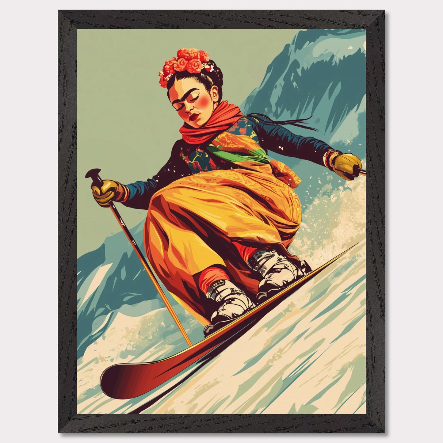 This captivating and artistic poster features Frida Kahlo skiing down a snow-covered slope, embracing both the thrill of winter sports and the vibrancy of her unique style. With a floral crown and colorful attire, Frida brings her creativity and strength to the slopes of the mountains, capturing the harmony between winter adventure and artistic expression. The retro color scheme adds to the vintage charm of the poster, making it a lively and powerful statement piece.