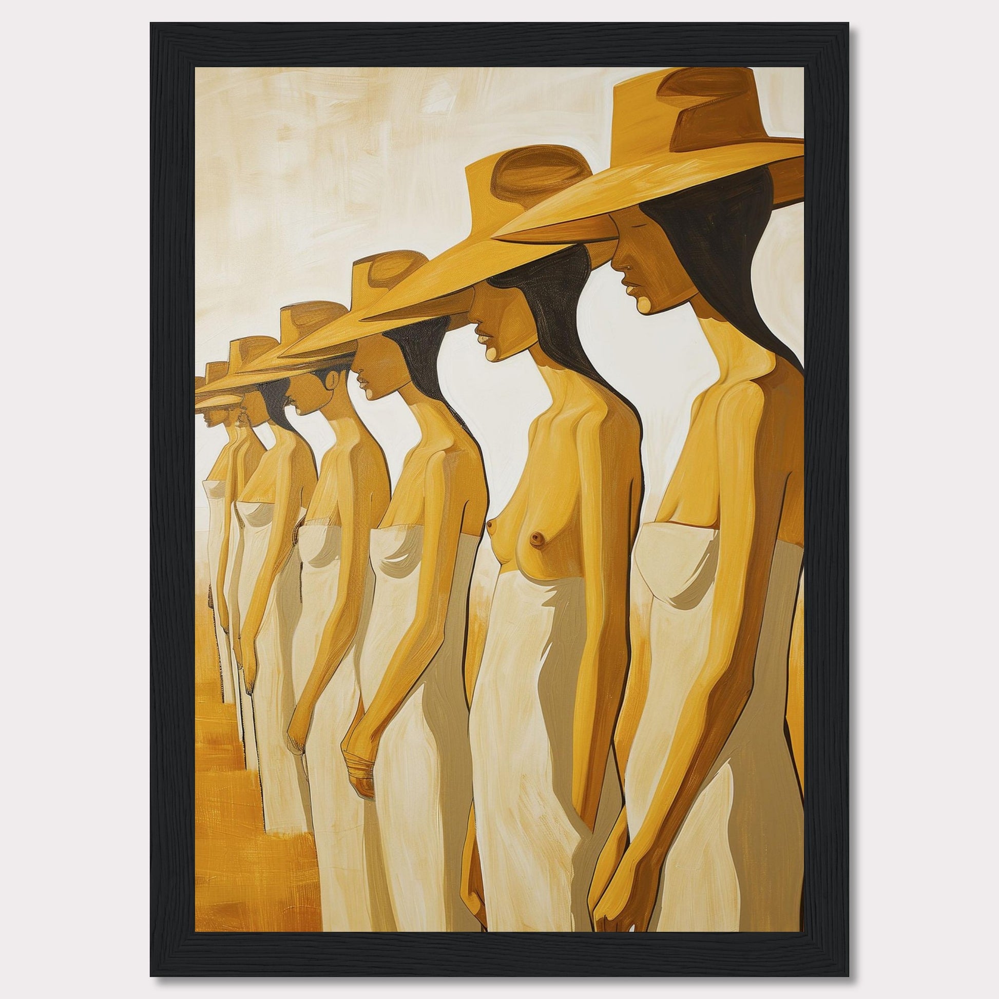 This striking artwork features a row of women standing in profile, each wearing a large hat and draped in a simple cloth. The painting captures a sense of unity and individuality through its minimalist style and warm color palette.