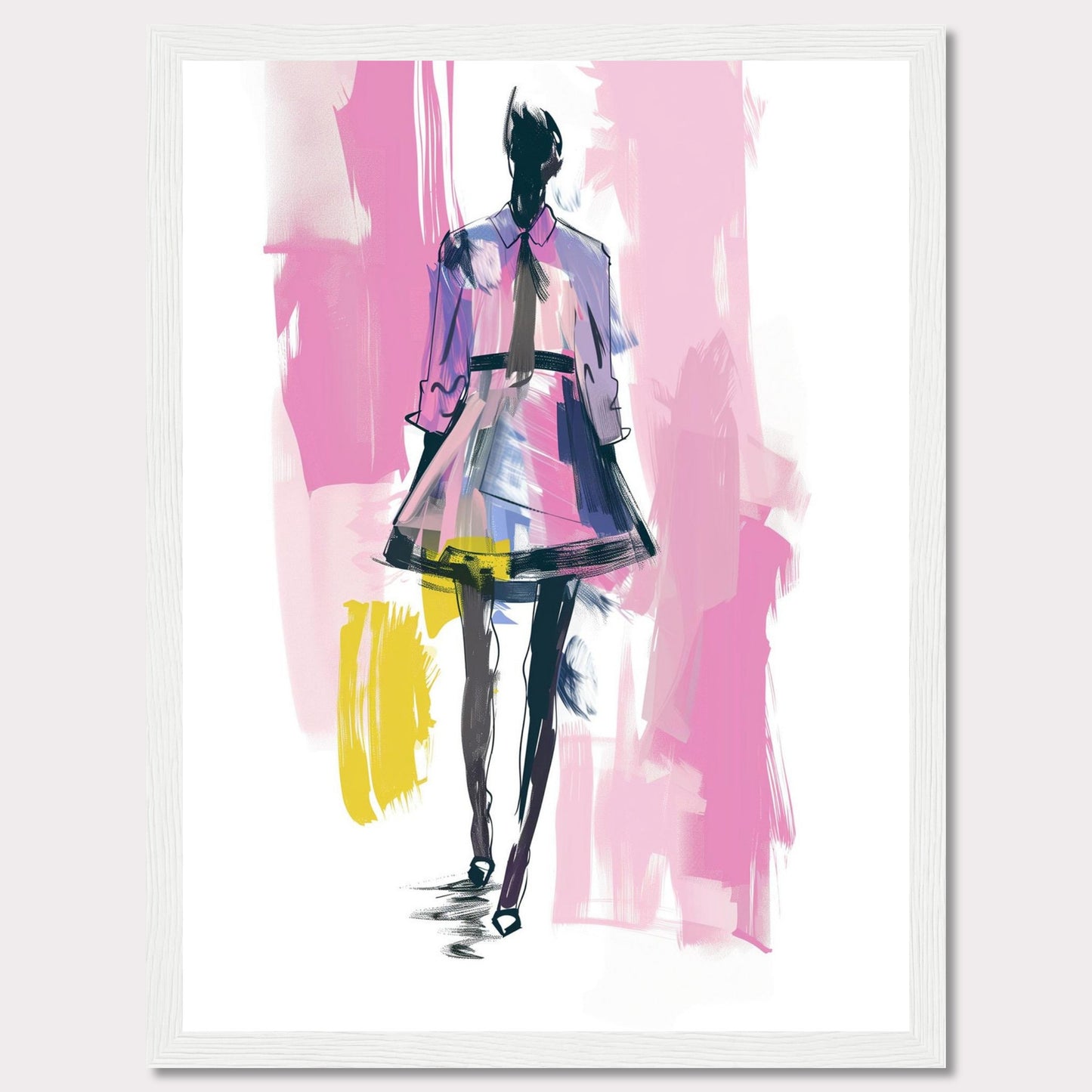 This image showcases a fashion illustration featuring a stylish figure in a vibrant dress. The artwork is characterized by bold brush strokes and a mix of colors, including pink, purple, yellow, and black. The figure exudes confidence, walking forward with purpose.