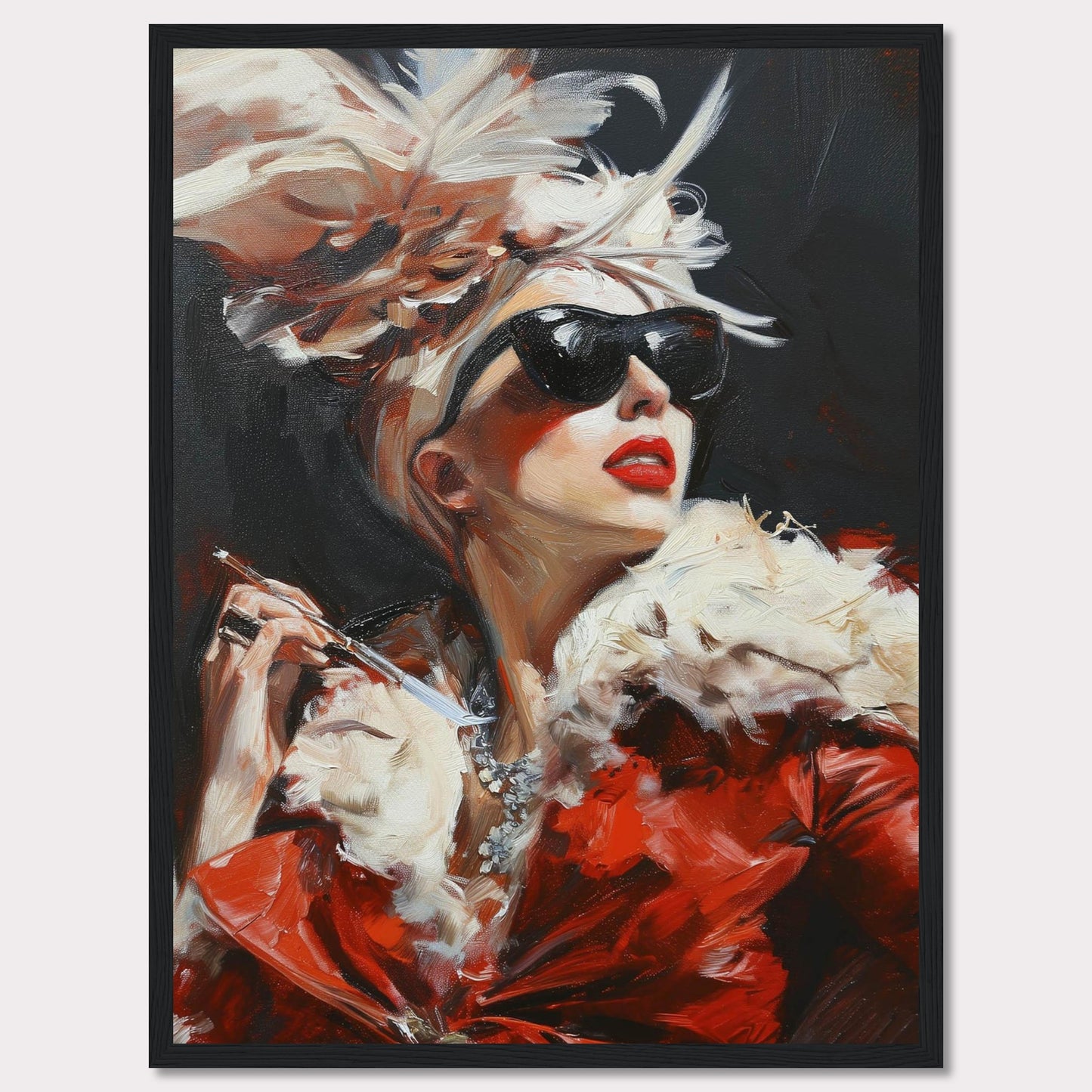 This striking painting captures a glamorous woman exuding confidence and elegance. Adorned in a luxurious red fur coat, she wears dark sunglasses and a dramatic feathered hat, holding a cigarette holder with poise. The bold brushstrokes and vibrant colors add to the dynamic and sophisticated feel of the artwork.