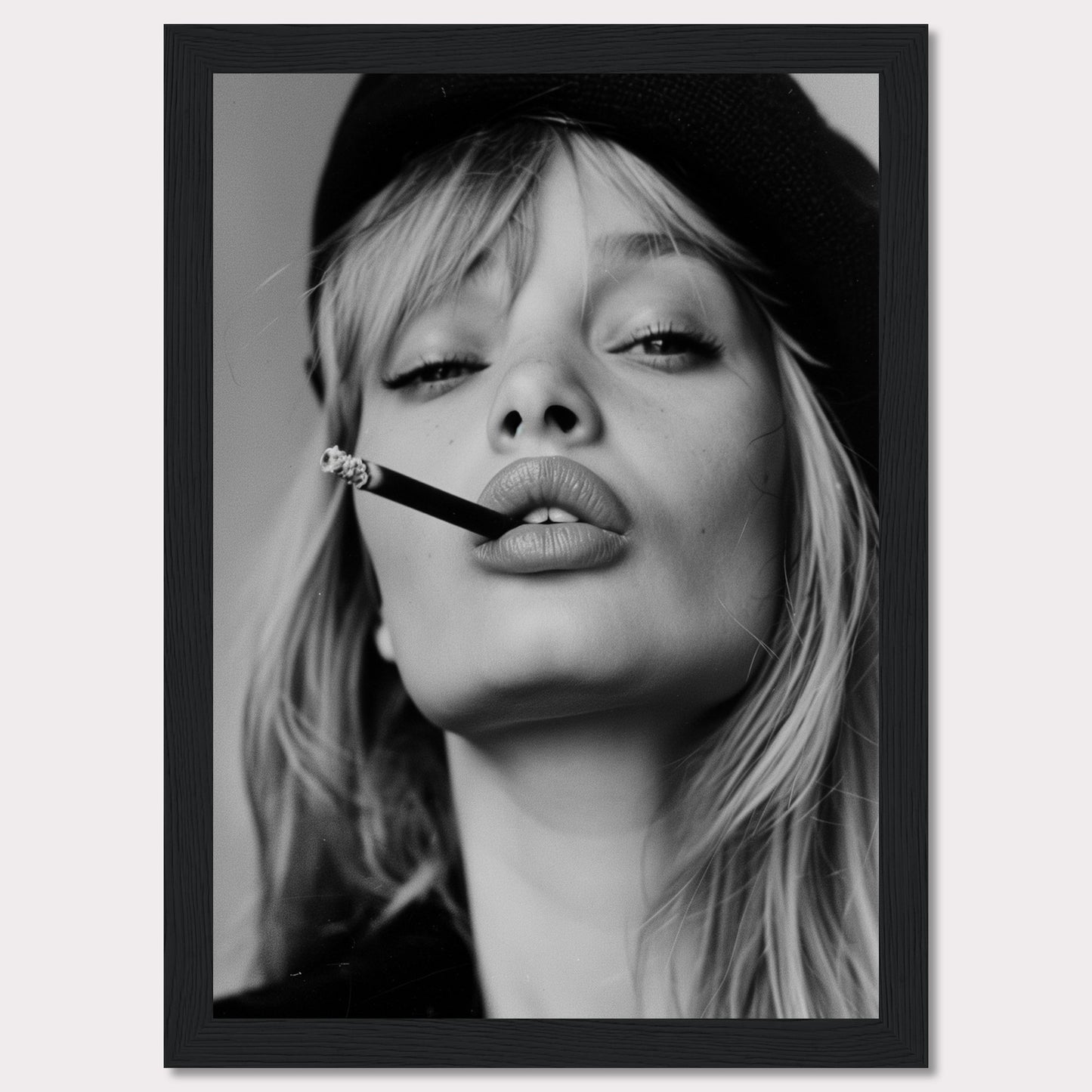 This striking black and white portrait captures a woman with a cigarette between her lips, exuding confidence and allure. Her intense gaze, slightly parted lips, and the casual placement of the cigarette create a bold and edgy aesthetic. The image is framed in a sleek black border, adding to its sophisticated appeal.