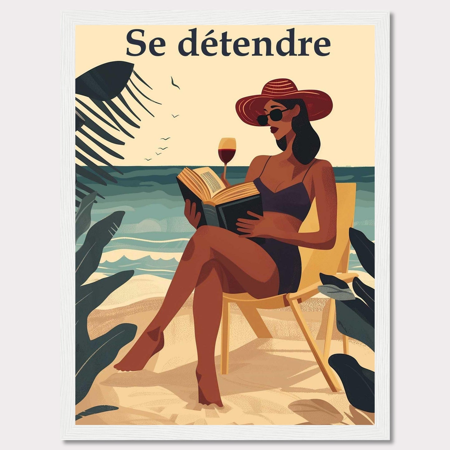 This illustration captures a serene beach scene with a woman relaxing on a chair, reading a book, and enjoying a glass of wine. The text "Se détendre" at the top translates to "Relax" in English.