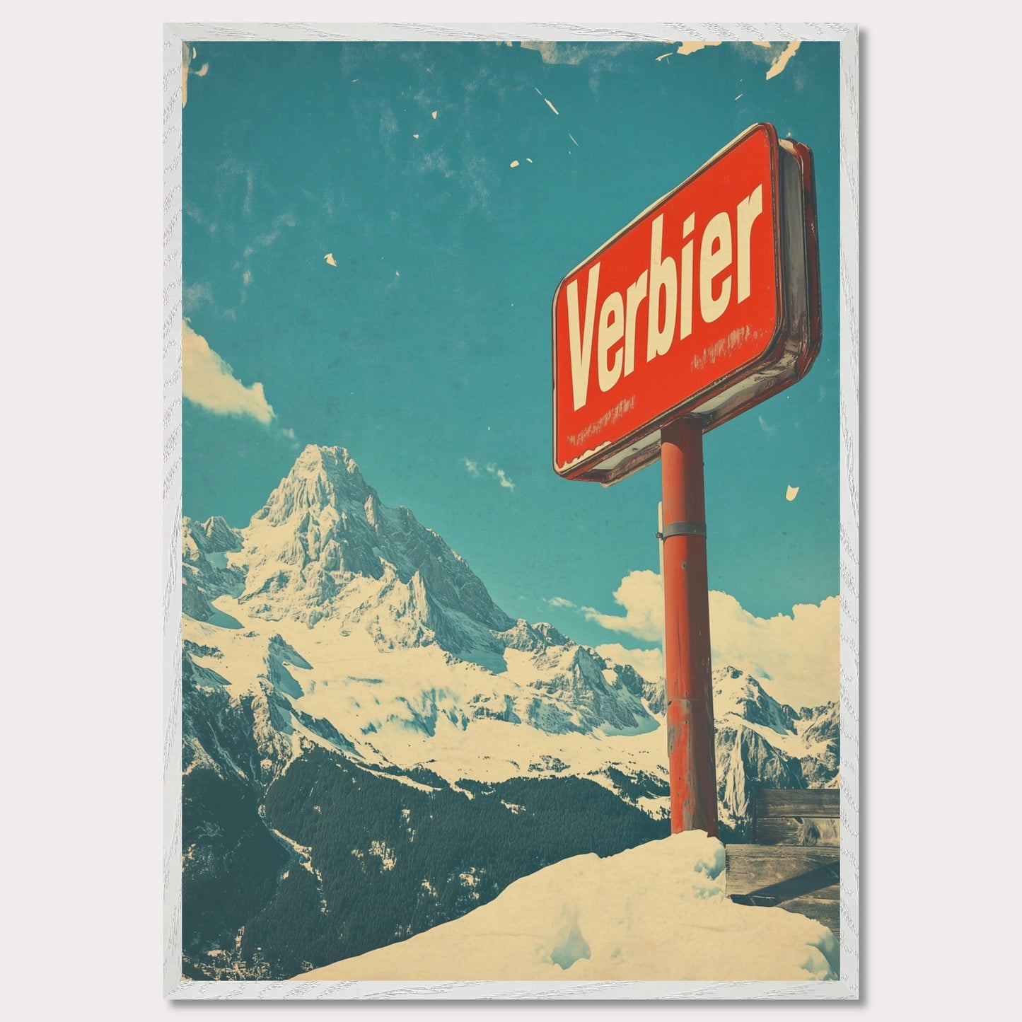 This striking retro-style poster showcases the iconic "Verbier" sign against the backdrop of towering snow-covered peaks and a bright blue sky. The rustic sign, partially worn by time, perfectly complements the expansive, untouched wilderness of the Swiss Alps. The vintage color palette and texture evoke a sense of nostalgia, capturing the allure of Verbier as a timeless destination for adventure and escape into nature’s beauty.