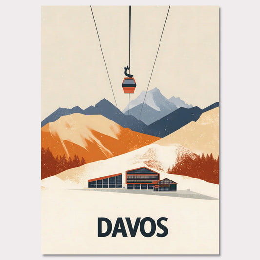 A stunning visual of a winter resort in Davos, nestled among snow-covered mountains. A cable car ascends above, symbolizing the excitement of skiing and high-altitude adventures.