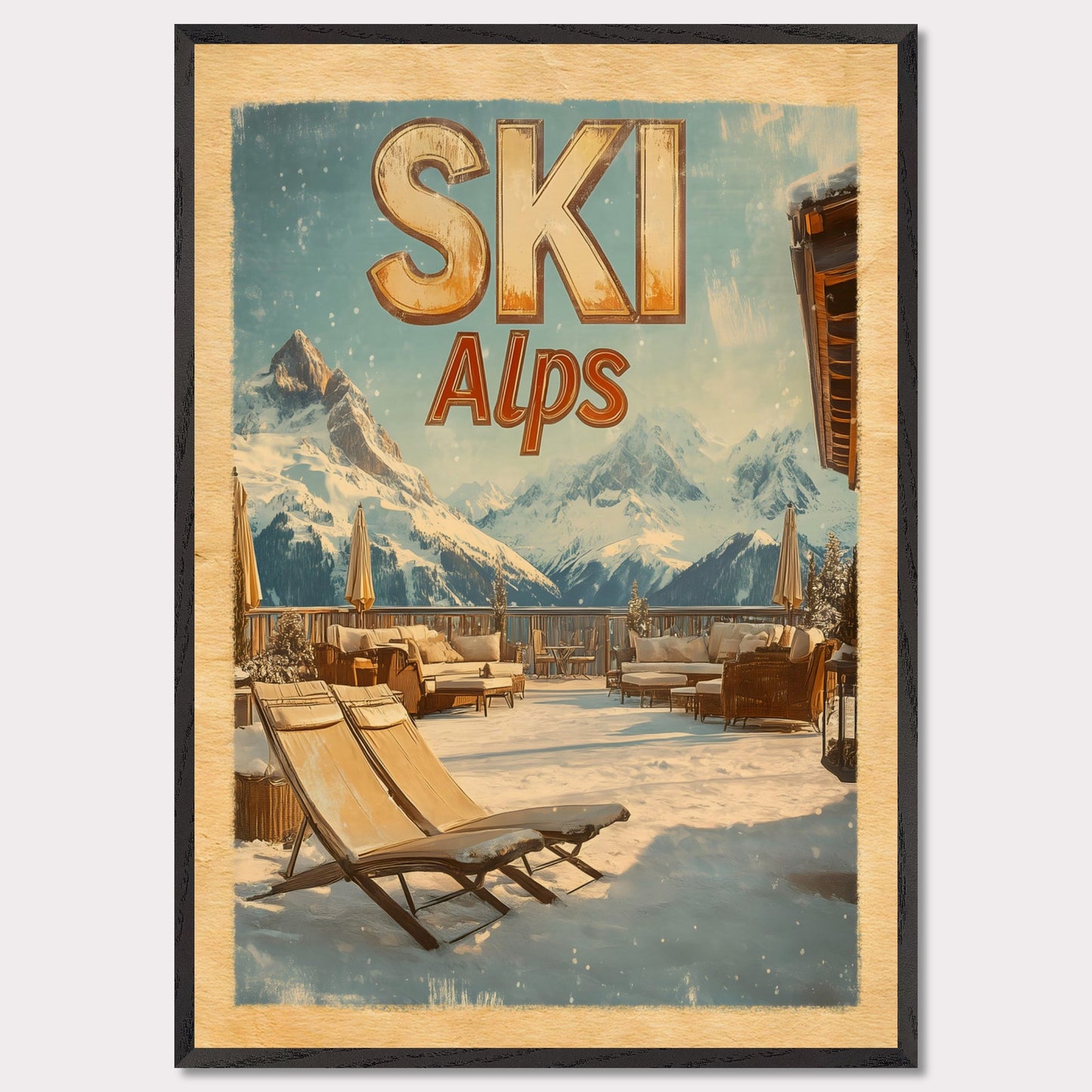 This captivating poster presents a luxurious alpine terrace overlooking majestic snowy peaks. The cozy lounge chairs, wooden railings, and soft golden light create an inviting winter escape. The serene atmosphere and breathtaking views evoke a sense of tranquility and connection to nature.