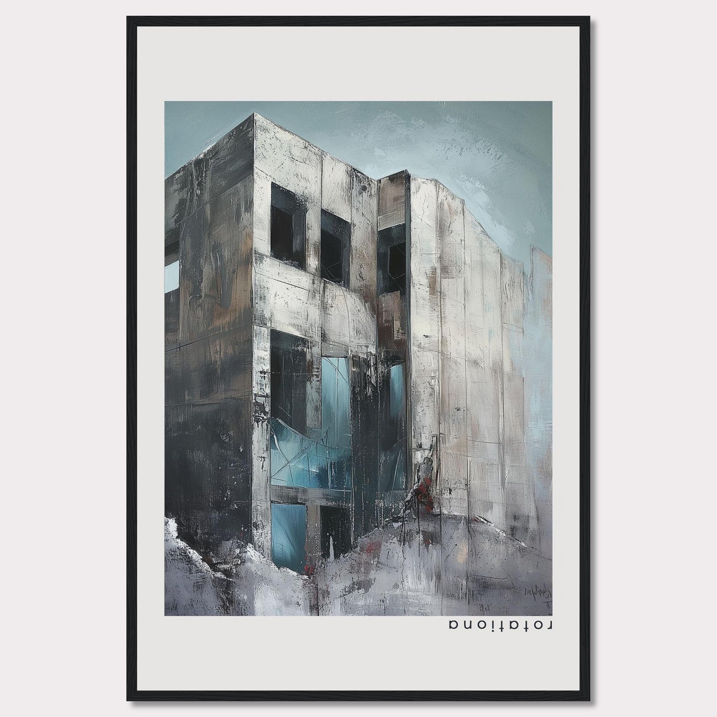 This striking artwork captures a modern, abstract building with a raw and industrial aesthetic. The painting features a weathered facade with large, dark windows, and a mix of cool and neutral tones that evoke a sense of mystery and intrigue.