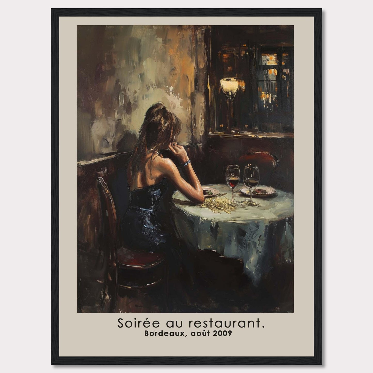 This evocative artwork captures a solitary moment in a restaurant, depicting a woman in an elegant black dress seated at a table adorned with wine glasses and a half-eaten meal. The dim, warm lighting and the reflective mood of the scene create a sense of introspection and nostalgia.