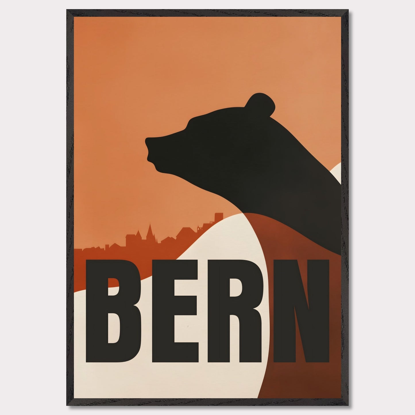 This minimalist poster features the silhouette of a bear — the symbol of Bern — against an orange sky and the city's architectural skyline. Simple yet profound, the design captures the atmosphere of Switzerland's capital and its rich cultural heritage.