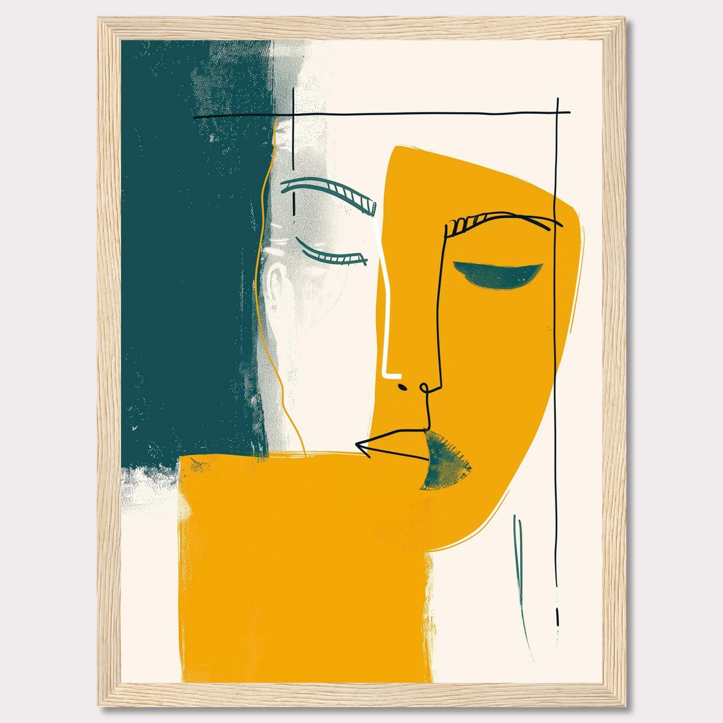 This captivating abstract art piece features a minimalist line drawing of a face, blending bold colors and simple shapes to create a striking visual impact. The artwork combines teal, mustard yellow, and white, with a black frame adding a touch of sophistication.