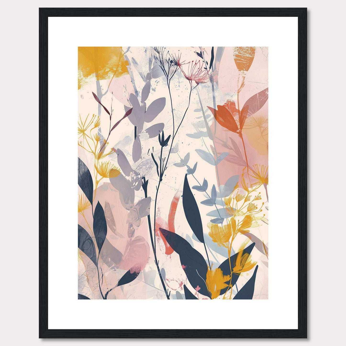 This image showcases a beautiful abstract botanical art print. It features a blend of soft and vibrant colors, depicting various plant forms and leaves.