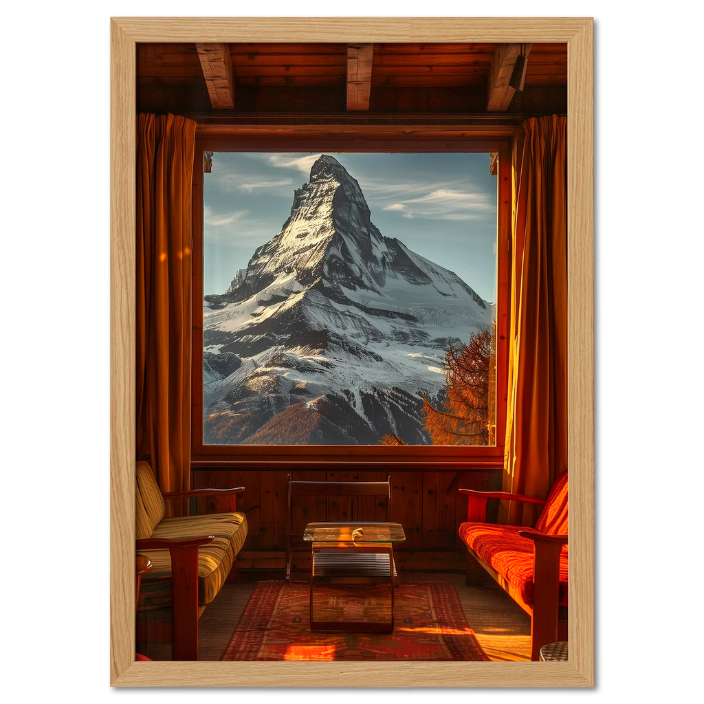 Cozy interior of a chalet showcasing the breathtaking Matterhorn view in the Chalet with a View - Poster.