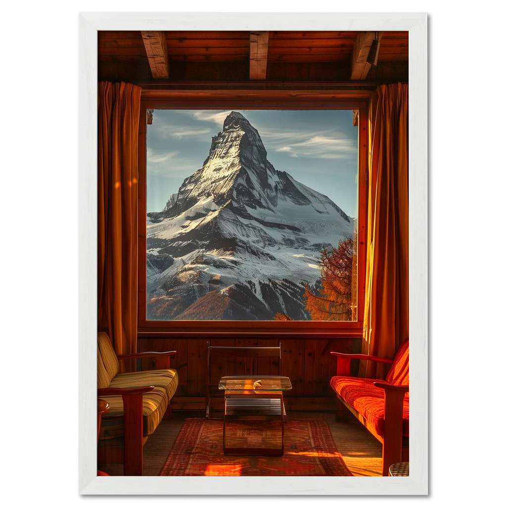 Cozy wooden chalet interior with a breathtaking view of Matterhorn - Chalet with a View - Poster.