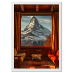 Cozy wooden chalet interior with a breathtaking view of Matterhorn - Chalet with a View - Poster.