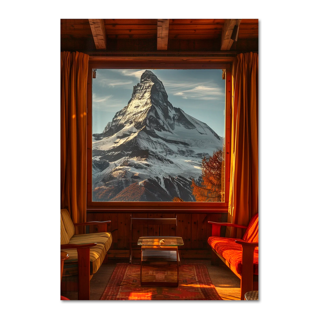 Chalet with a View - Poster showing cozy interior framed by a large window displaying the Matterhorn.