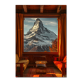 Chalet with a View - Poster showing cozy interior framed by a large window displaying the Matterhorn.