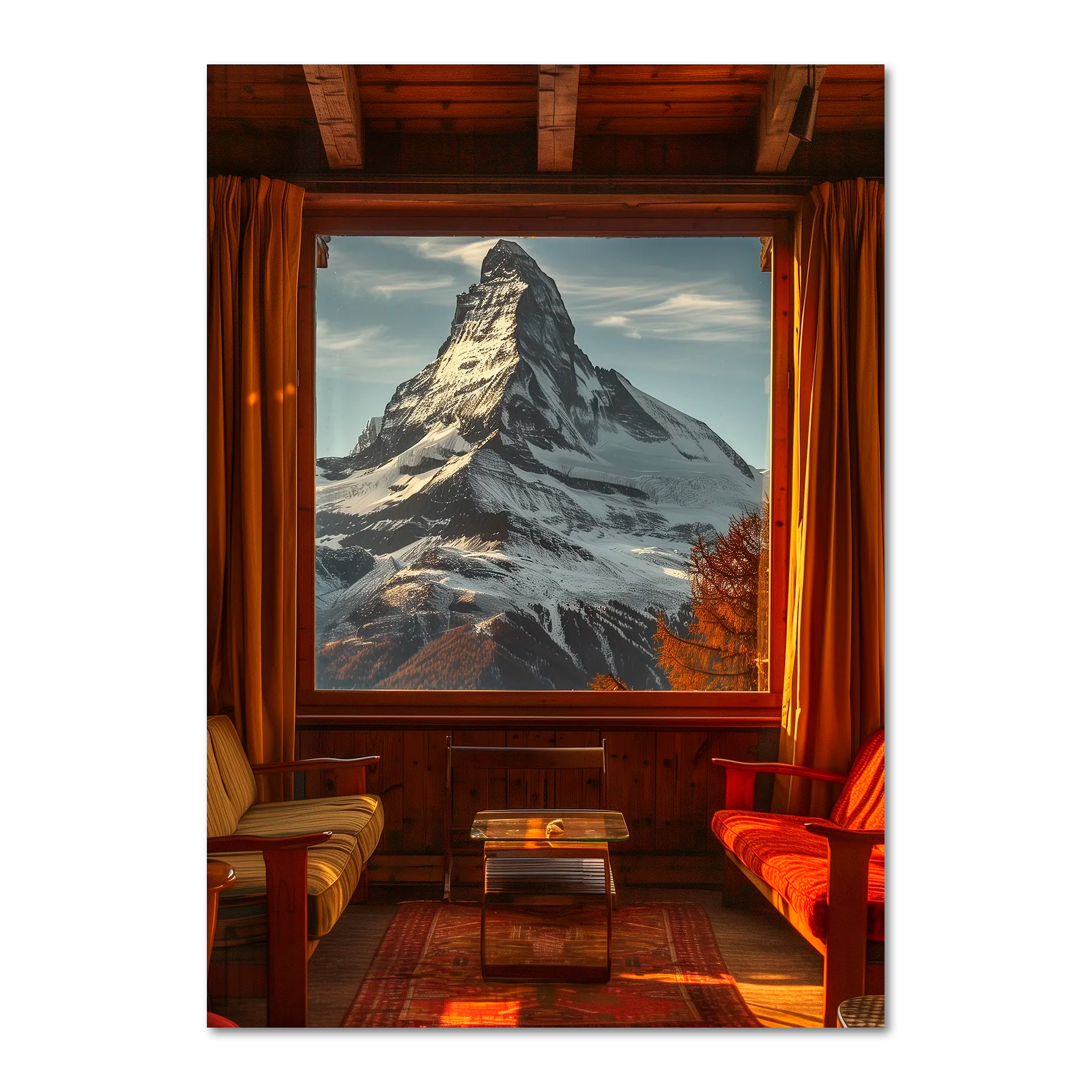 Chalet with a View - Poster showing cozy interior framed by a large window displaying the Matterhorn.