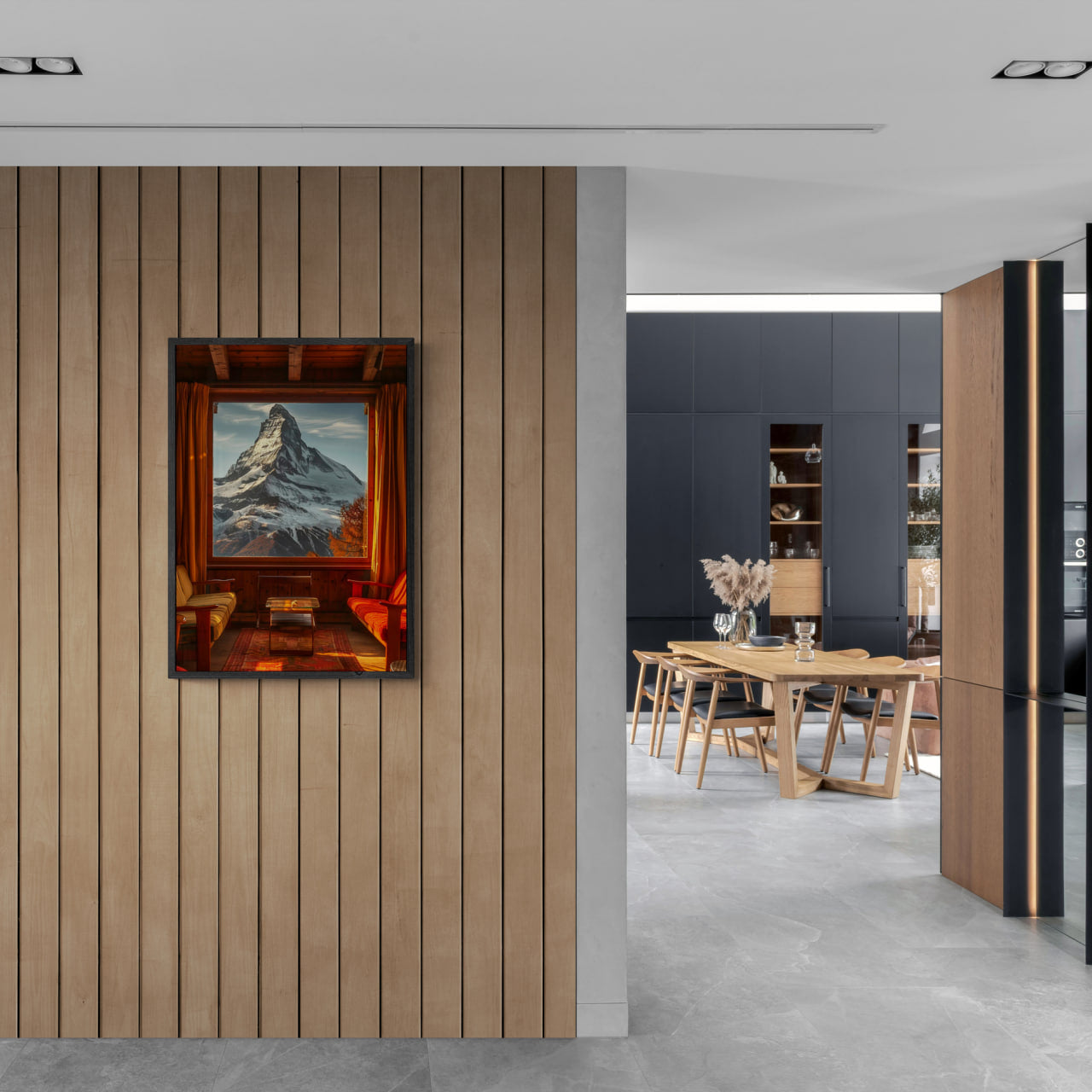 Chalet with a View - Poster displayed in a modern interior showcasing alpine charm and a view of the Matterhorn.