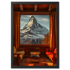 Chalet with a View - Poster featuring a cozy interior and a stunning view of the Matterhorn.