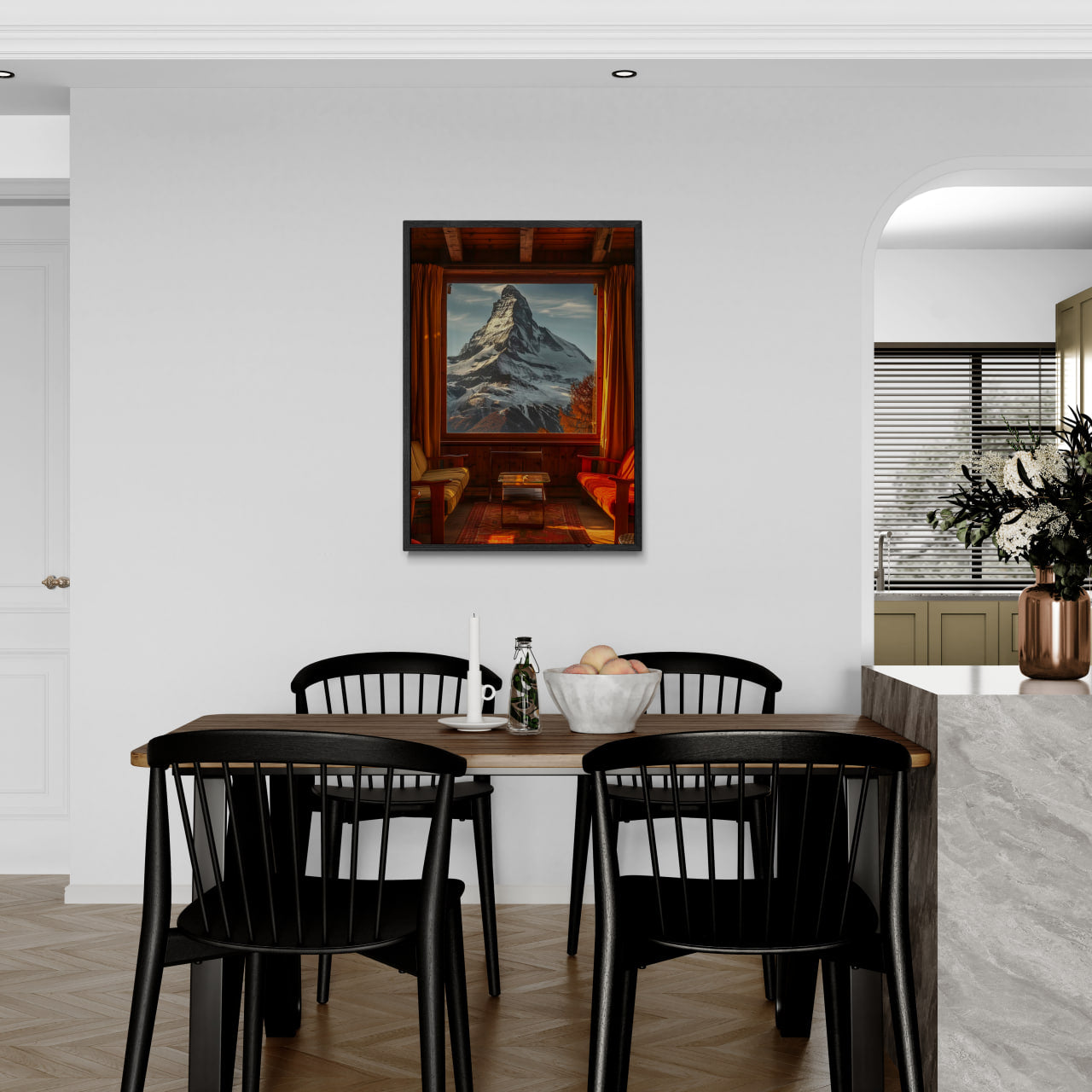 Chalet with a View - Poster displayed in a modern dining area featuring a scenic mountain view.