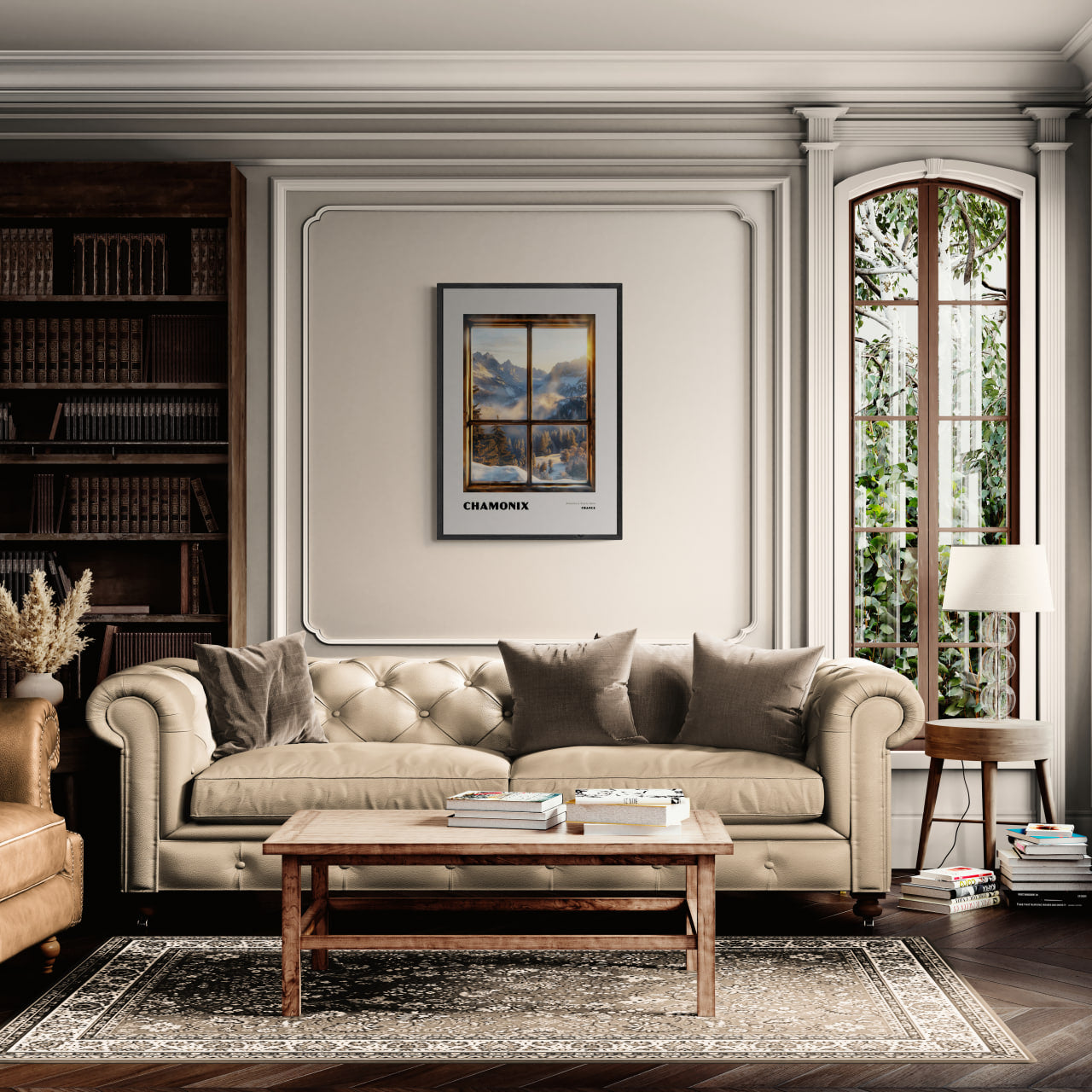 Chamonix - Adventure Starts Here - Poster displayed in a cozy living room setting with a wooden window frame.