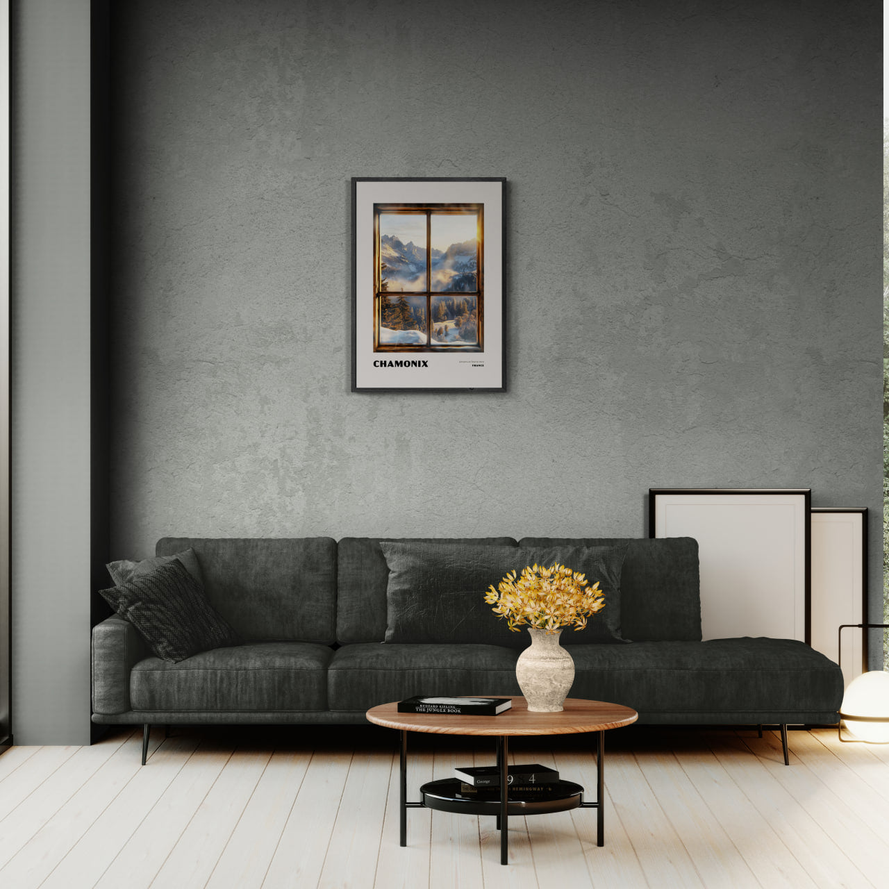 Chamonix - Adventure Starts Here - Poster displayed in a modern living room with a cozy atmosphere.