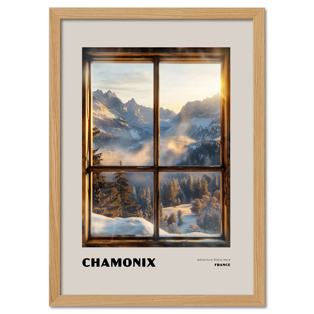 Chamonix - Adventure Starts Here - Poster showcasing a warm window view of snowy mountains and sunrise.