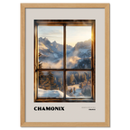 Chamonix - Adventure Starts Here - Poster showcasing a warm window view of snowy mountains and sunrise.