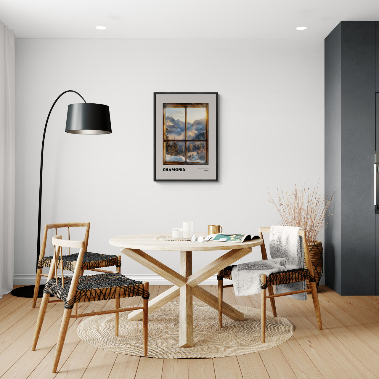 Chamonix - Adventure Starts Here - Poster displayed in a modern dining room with wooden furniture and a cozy atmosphere.