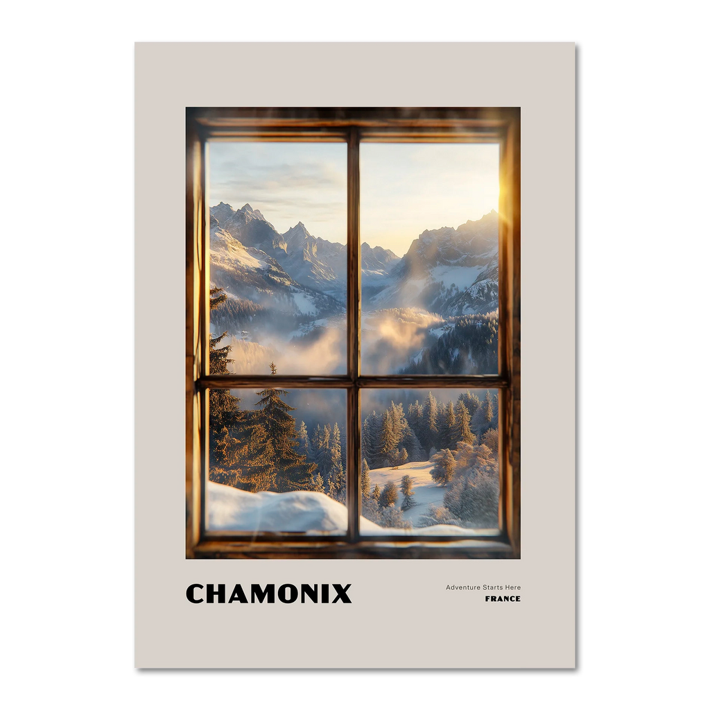 Chamonix - Adventure Starts Here - Poster featuring a wooden window frame and a sunrise over snowy mountains.