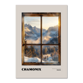 Chamonix - Adventure Starts Here - Poster featuring a wooden window frame and a sunrise over snowy mountains.