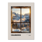 Chamonix - Adventure Starts Here - Poster featuring a wooden window frame and a sunrise over snowy mountains.