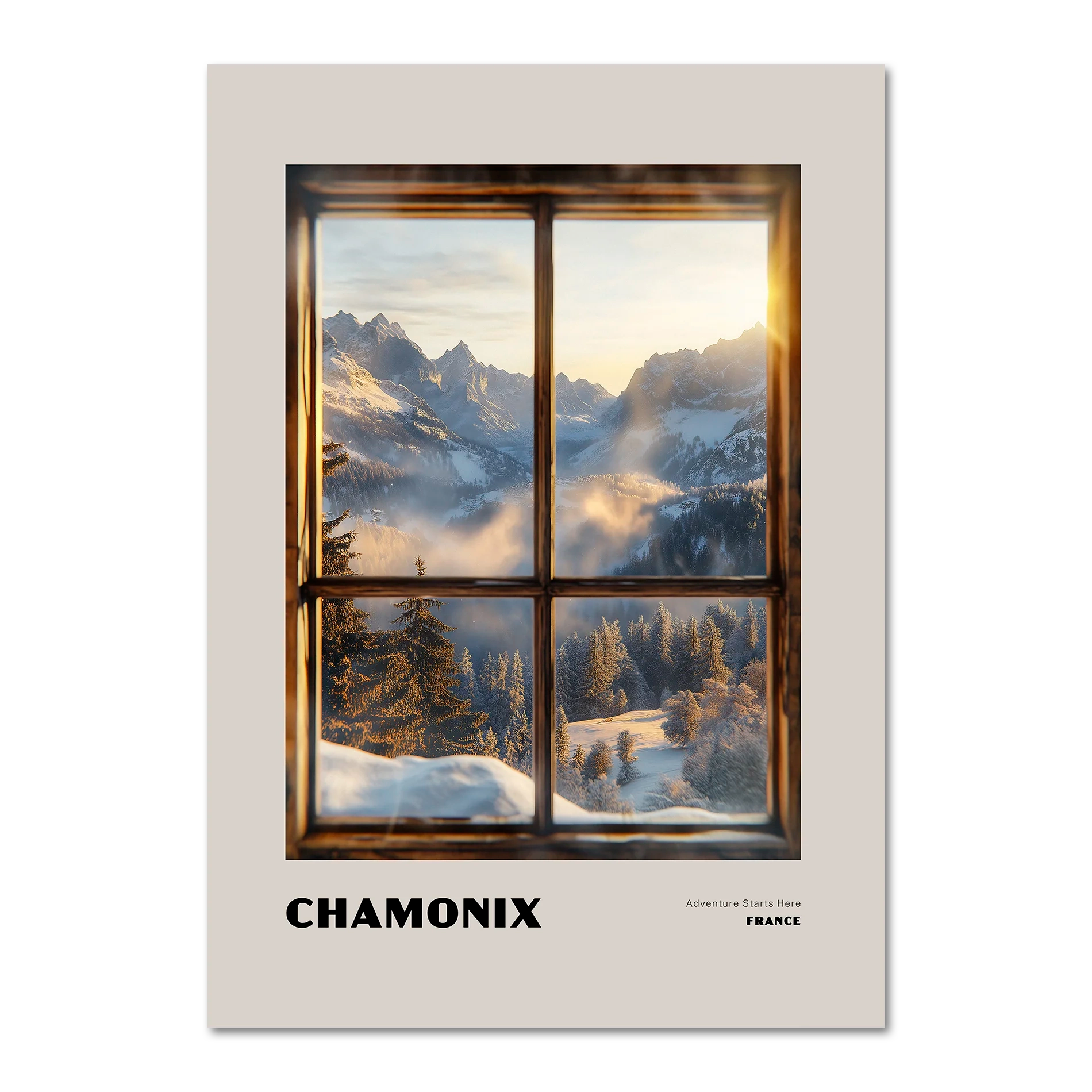 Chamonix - Adventure Starts Here - Poster featuring a wooden window frame and a sunrise over snowy mountains.