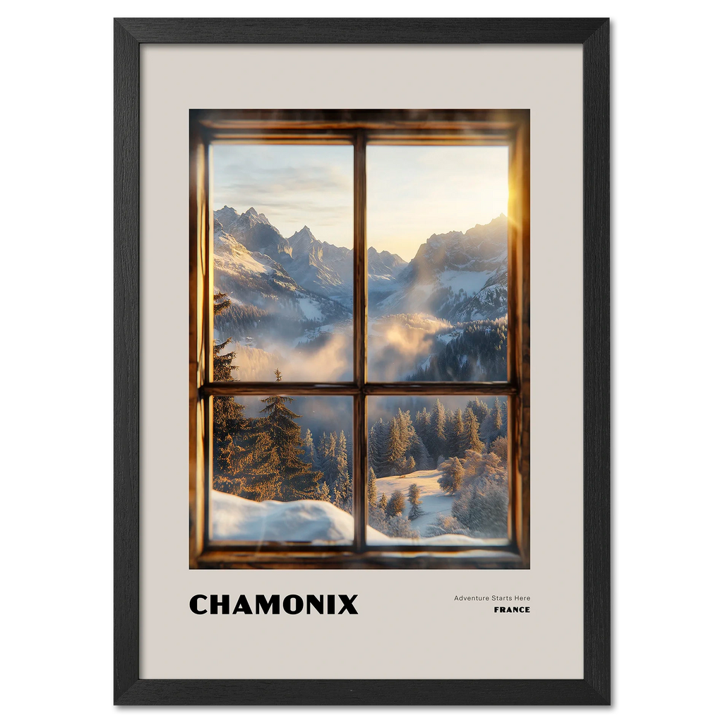 Chamonix - Adventure Starts Here - Poster showing a wooden window frame with sunrise over snowy mountains.
