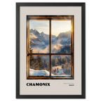 Chamonix - Adventure Starts Here - Poster showing a wooden window frame with sunrise over snowy mountains.