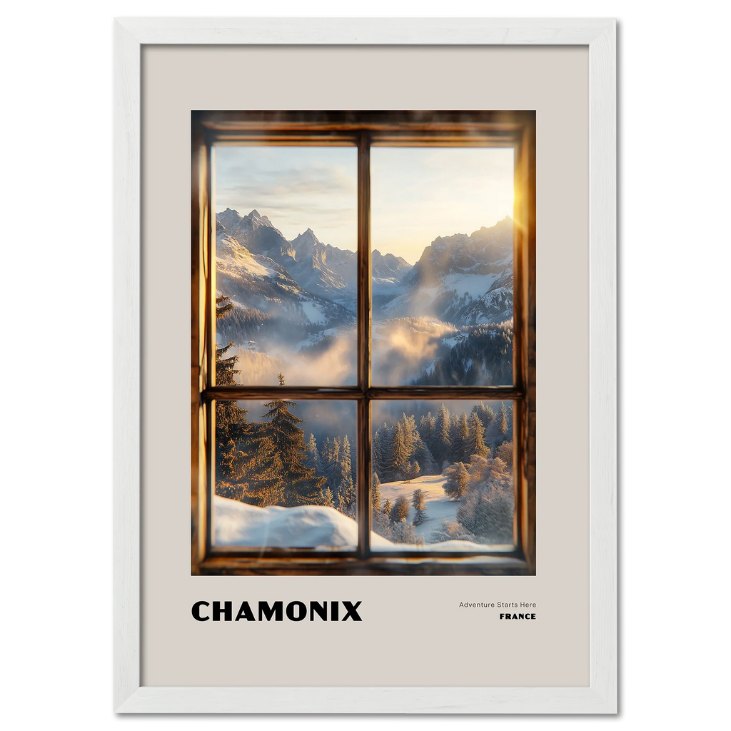 Chamonix - Adventure Starts Here - Poster featuring a wooden window framing a sunrise over snowy mountains.