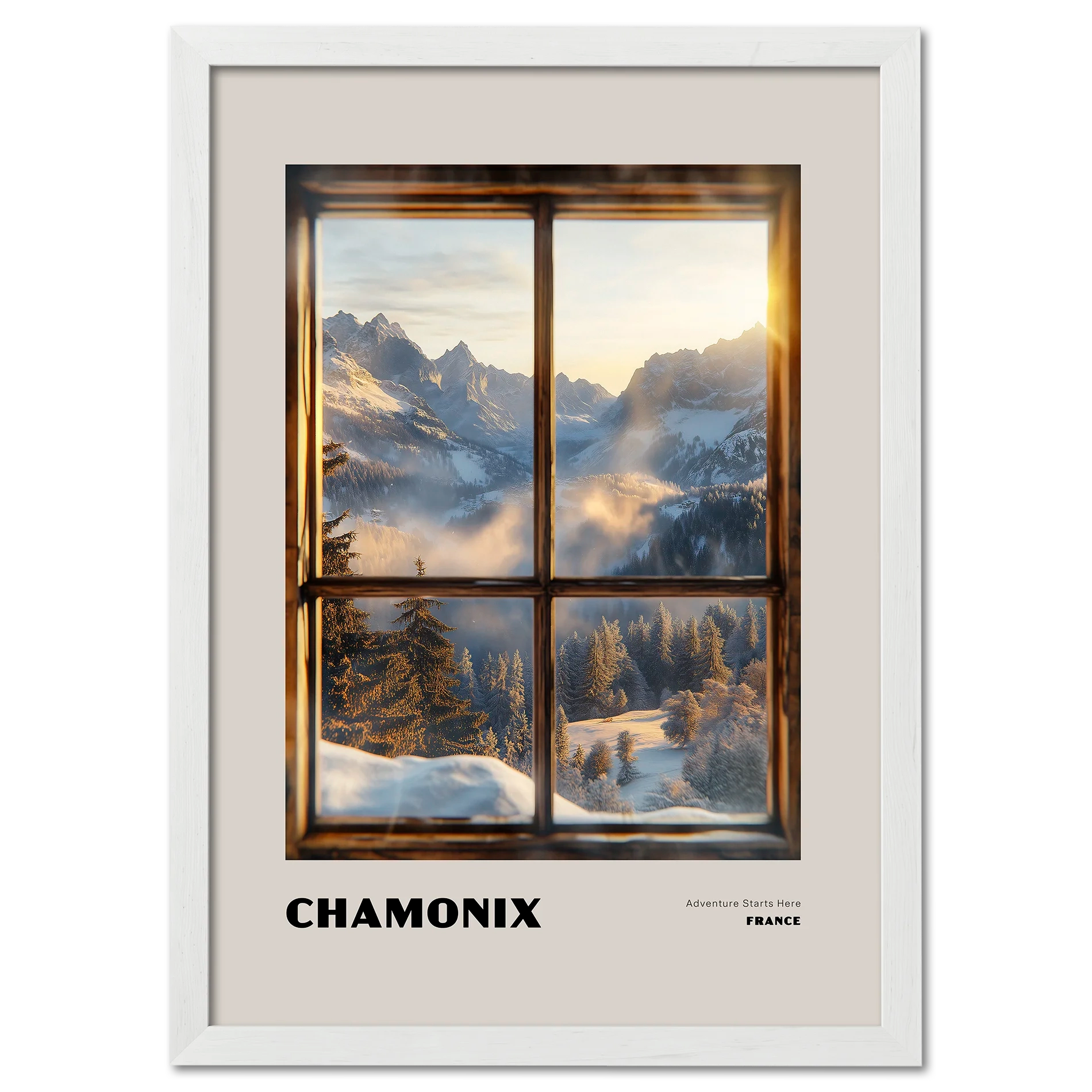 Chamonix - Adventure Starts Here - Poster featuring a wooden window framing a sunrise over snowy mountains.