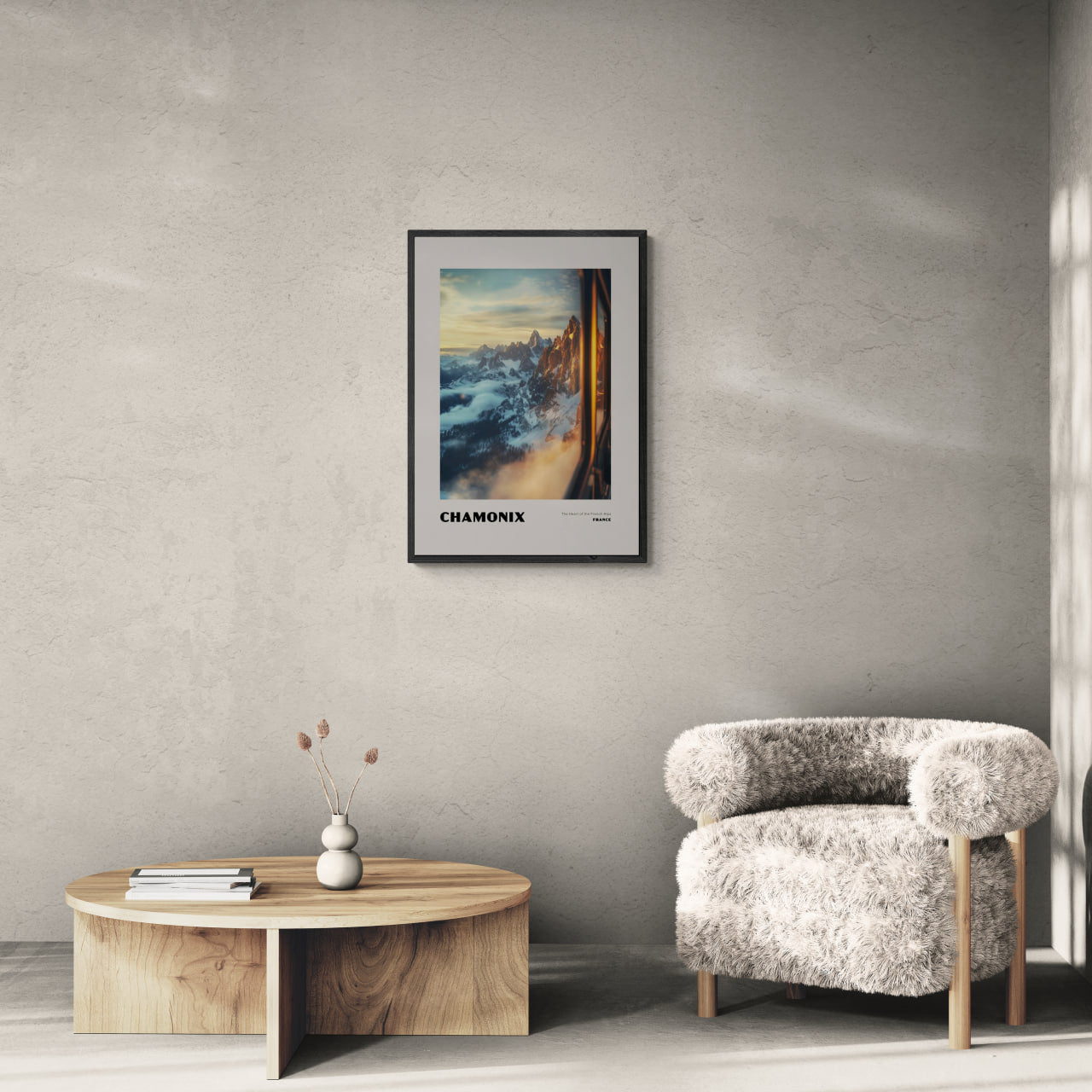 Chamonix - The Heart of the French Alps - Poster displayed in a modern interior, showcasing wall art with a serene view.