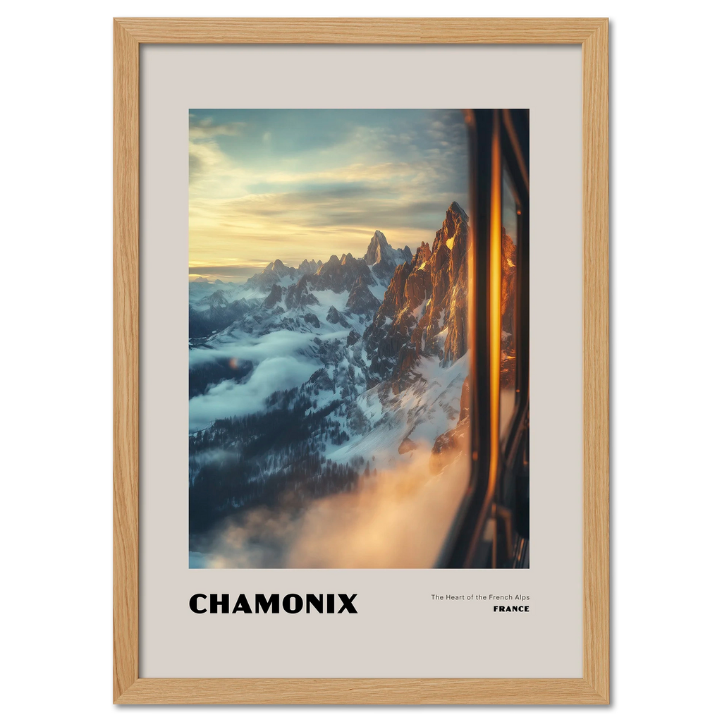 Chamonix - The Heart of the French Alps - Poster featuring a golden sunrise over majestic mountain peaks.
