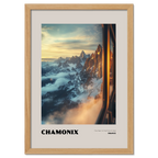 Chamonix - The Heart of the French Alps - Poster featuring a golden sunrise over majestic mountain peaks.