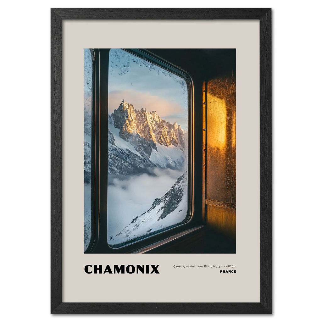 Chamonix - Gateway to the Mont Blanc Massif - Poster depicting sunrise over mountains through frosted train window.