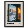 Chamonix - Gateway to the Mont Blanc Massif - Poster depicting sunrise over mountains through frosted train window.